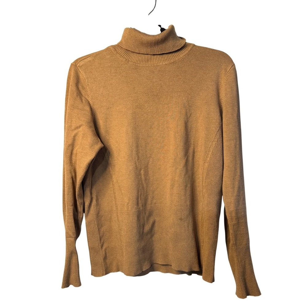 Cache Turtleneck Sweater Tan Ribbed Knit Side‎ Zipper Long Sleeve Top XL Women